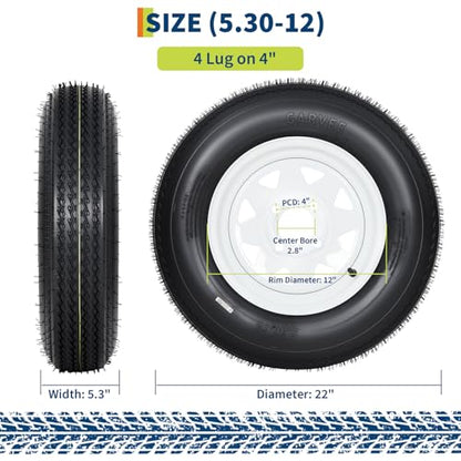 GarveeTech 5.30-12 Trailer Tire and Wheel Assembly, 4 Lug, Set of 2 - size: 5.30-12, style: 4 Lug