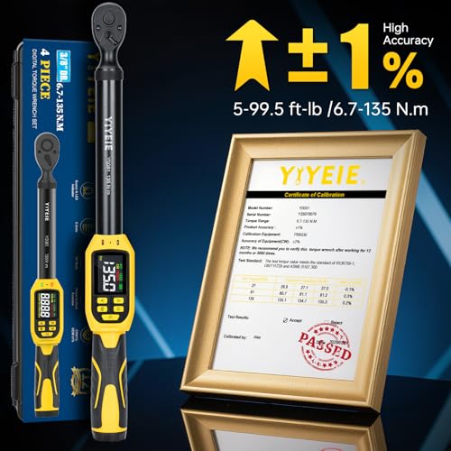 YIYEIE 3/8" Drive Digital Torque Wrench, 5-99.5 Ft-lb (6.7-135 N.m) - size: 3/8" 4 PC