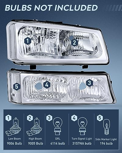 Nilight Headlight Assembly for 2003 2004 2005 2006 Chevy Silverado Avalanche 1500 1500HD 2500 2500HD 3500 Chevrolet Pickup Replacement Headlamp Housing Bumper Lamp Set - color: Chrome Housing + Clear Reflector