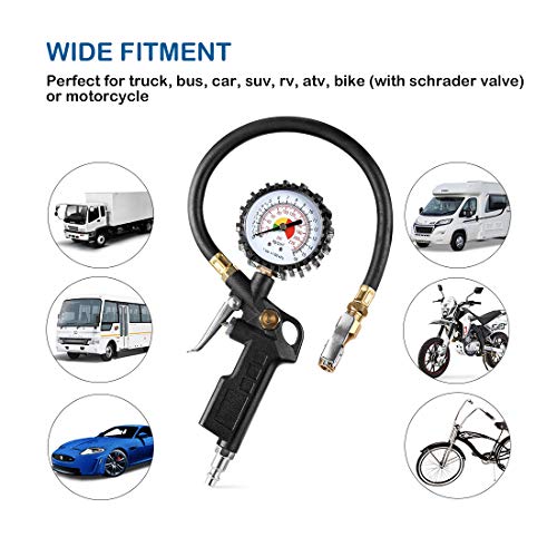 CZC AUTO Tire Inflator Deflator Air Pressure Gauge with Rubber Hose