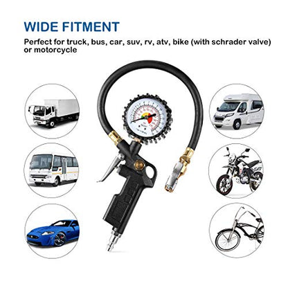 CZC AUTO Tire Inflator Deflator Air Pressure Gauge with Rubber Hose