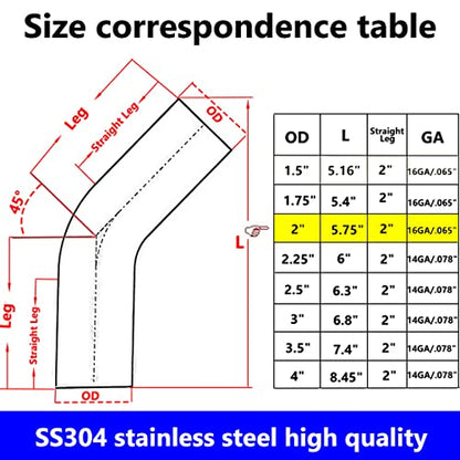 2" Stainless Steel Elbow 45° Mandrel Bend Elbow - 1.5D/3" CLR Loose Radius - 16GA/.065" Wall - 2" Legs - SS304 Stainless Elbow for Car Modified Exhaust Elbow Pipe, Pipeline engineering, etc - size: OD: 2"