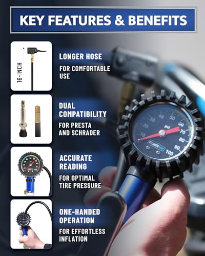 Presta Valve Adaptor Pump with Removable Schrader to Presta Valve Air Chuck - color: Blue (Black Dial)