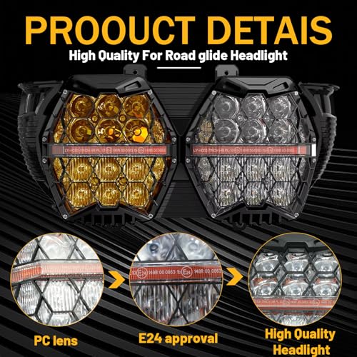 240W High Power Dual Motorcycles LED Headlight High Low Beam with DRL E24 Projector Head Lamp Compatible with Road glide 2015-2023 (Yellow+white) - color: White + Yellow