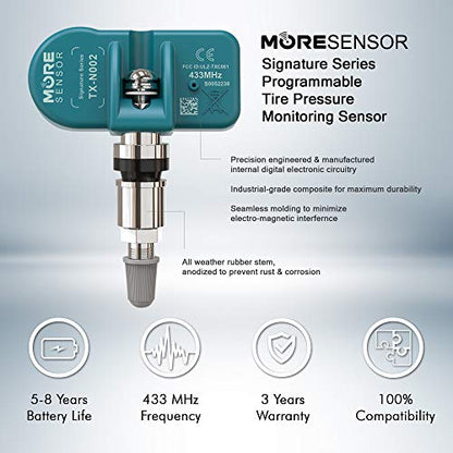 MORESENSOR Signature Series 433 MHz Universal Programmable TPMS Tire Pressure Sensor 10-Pack | Clamp-in Aluminum Valve | TX-N002-10