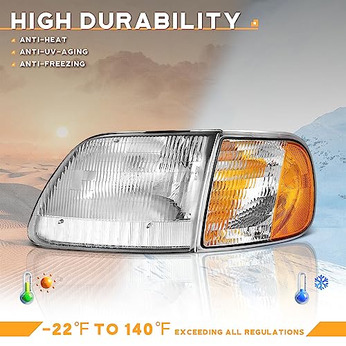 WEELMOTO Headlight for 1997-2003 F150/F250/Expedition W/Bulbs Halogen - color: Chrome Housing I Amber Reflector