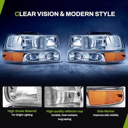 AUTOSAVER88 Headlight Assembly Compatible with 1999-2002 Chevy Silverado 1500 2500/2001 2002 Chevy Silverado 1500HD 2500HD 3500HD/2000-2006 Chevy Tahoe Suburban Chrome Housing Amber Reflector - color: Chrome