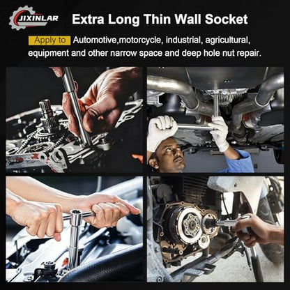 5PCS 1/2" Drive Extra Long Thin Wall Deep Socket Set，8-14mm Metric Impact Socket Kit, CR-V Steel for Automotive Repair, Compatible with Electric/Pneumatic/Manual Wrench