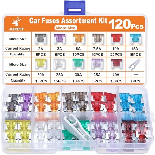 JOREST 120Pcs Micro Fuses, Low Profile Mini Fuse Kit, Micro Fuses Assortment Kit for Car/RV/Truck/Motor (2Amp 3A 5A 7.5A 10A 15A 20A 25A 30A 35A 40A) +1Blade Automotive Fuse Puller - style: 120 x micro