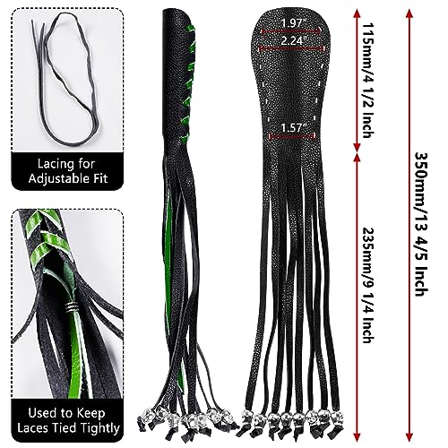 2PCS Faux Leather Motorcycle Lever Covers with Fringes, Motorcycle Brake Clutch Lever Covers Grip Tassels Motorcycle Handlebar Handle Grip Covers, Fringed Leather Lever Covers Wraps with Skulls - color: Black & Green Laces*1 & Black Laces*1