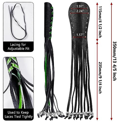 2PCS Faux Leather Motorcycle Lever Covers with Fringes, Motorcycle Brake Clutch Lever Covers Grip Tassels Motorcycle Handlebar Handle Grip Covers, Fringed Leather Lever Covers Wraps with Skulls - color: Black & Green Laces*1 & Black Laces*1