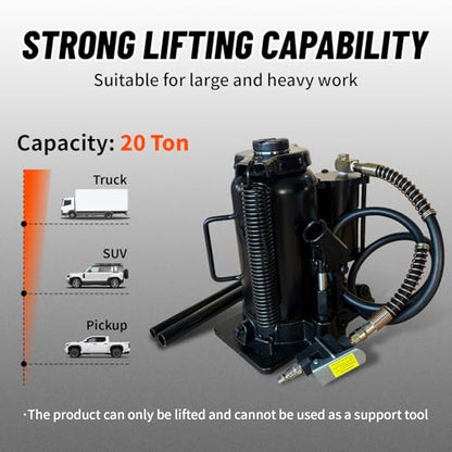 20 Ton Low Profile Air Hydraulic Bottle Jack with Air-Powered or Manual Operation, One-Piece Hydraulic Cylinder Design, Air Bottle Jack with Independent Air Pump Body and Carry Handle - color: Black, size: 20 Ton