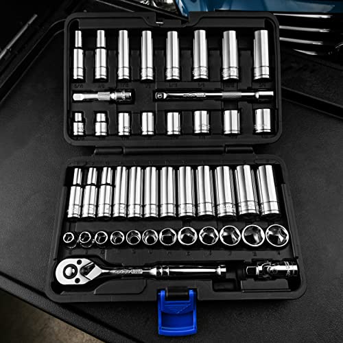 45 Pieces - EPAuto 3/8" Drive Socket Set with 72-Tooth Pear Head Ratchet - size: 45 Pieces