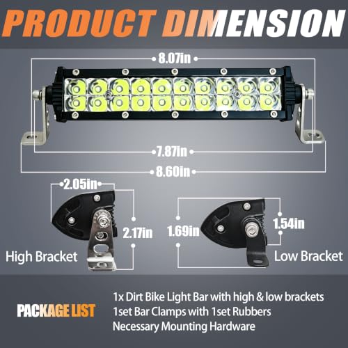 7 Inch Dirtbike Light Bar Kit, 7/8" Clamp Light for Ebike with Bar Clamps - color: (White) Light Bar with Bar Clamps