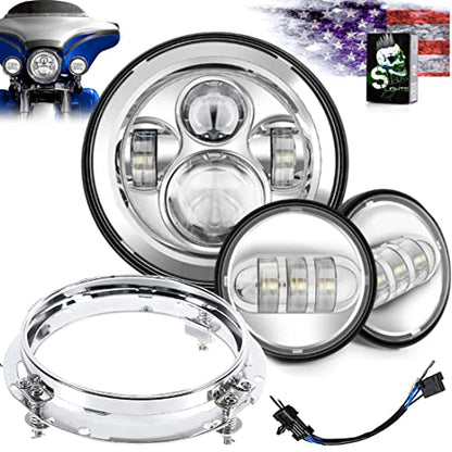 7 Inch LED Headlight with 4.5 Inch LED Passing Lights Kit for Harley-Davidson Touring, Road King, Street Glide, Electra Glide, Heritage Softail, Fat Boy, Softail Slim & Deluxe, DOT Approved (Chrome)