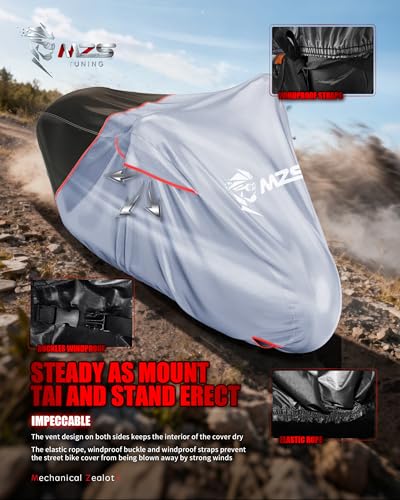 MZS Motorcycle Cover Waterproof Outdoor, Heavy Duty All Season Weather Protection with Cotton Lining Vents Night Reflective Lock Holes Storage Bag fits up to 96" Motorcycle Powersports Vehicle Cover - size: X-Large 96 inches