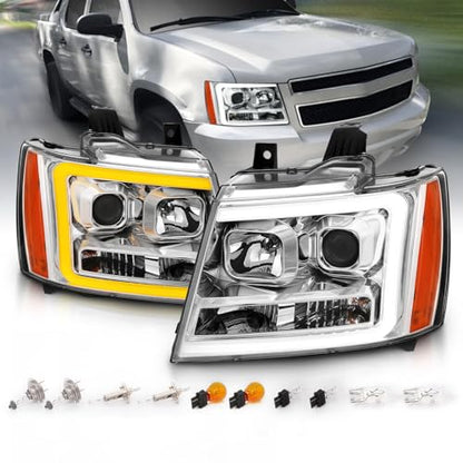 AmeriLite for 2007-2013 Chevy Avalanche/Suburban/Tahoe Switchback LED Turn Siganl Tube Chrome Projector Headlights Assembly Pair - Passenger and Driver Side - color: Chrome Projector Switchback LED Bar