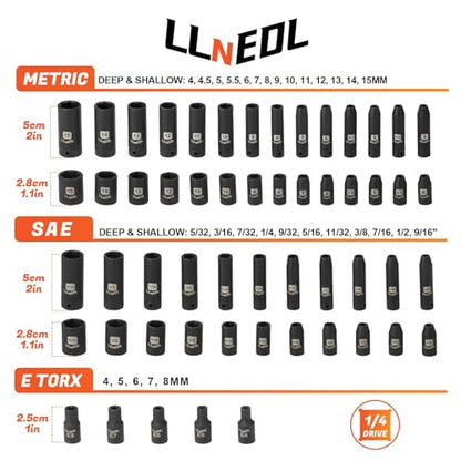 LLNEDL 1/4 Inch Drive Impact Socket Set, 83Pcs Socket Wrench Set Metric & SAE from 4-15mm, 5/32-9/16", 6 Point CR-V Deep & Shallow Sockets Kit with 72T Ratchet Handle, E Torx, for Automotive & Home - size: 83pcs 1/4 inch socket set