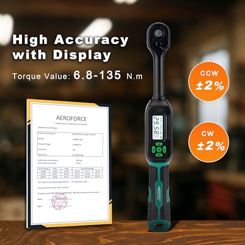 AEROFORCE Digital Torque Wrench - 3/8 Inch Drive Electric Torque Wrench (6.8-135Nm), Features Dual-Direction Ratchet, ±2% Accuracy, Buzzer & LED Alerts, 4-Measurement Unit (Nm/lb.ft/in.lb/kgf.cm) - style: 3/8’’ 5.02-99.57 lb.ft