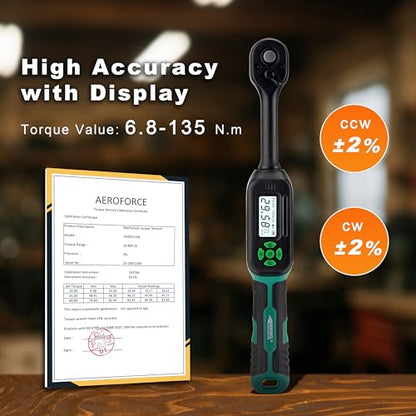 AEROFORCE Digital Torque Wrench - 3/8 Inch Drive Electric Torque Wrench (6.8-135Nm), Features Dual-Direction Ratchet, ±2% Accuracy, Buzzer & LED Alerts, 4-Measurement Unit (Nm/lb.ft/in.lb/kgf.cm) - style: 3/8’’ 5.02-99.57 lb.ft