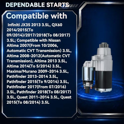 23300JA10A 19063N Starter Motor for 2007-2014 Nissan Altima, 2009-2014 Maxima Murano, 2013-2018 Pathfinder, 2011-2015 Quest & 2014-2018 Infiniti QX60, 2013 JX35, 3.5L, 12V 1.7KW 13 Teeth CCW - size: 23300JA10A