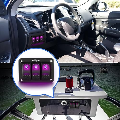 Nilight 3 Gang Aluminum Rocker Switch Panel Pre-Wired - color: Purple, size: 3 Gang