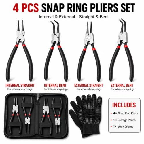 4-Piece Snap Ring Pliers Set, 7" Internal External Circlip Pliers, Straight & 90 Degree, 45# Steel 5/64" Tips for Bearing Transmission Motorcycle Automotive Retaining Ring Removal