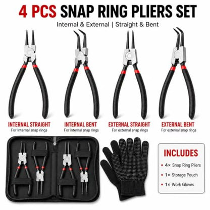 4-Piece Snap Ring Pliers Set, 7" Internal External Circlip Pliers, Straight & 90 Degree, 45# Steel 5/64" Tips for Bearing Transmission Motorcycle Automotive Retaining Ring Removal