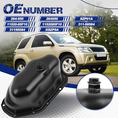 Transmission Oil Pan with Drain Plug, Fit for Suzuki Vitara 2004 V6 2.5L, Grand Vitara 1999-2005 V6 2.5L, Grand Vitara 2001 V6 2.7L, XL-7 2002-2006 V6 2.7L, OE 264550, SZP01A, 1152085F10 - size: 264-550