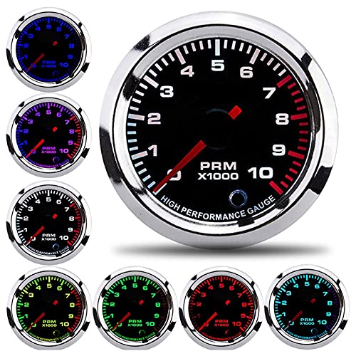 Car Tachometer Tacho Gauge Revolution Meter, 52mm/2in Universal 7 Colors Tachometer Revolution Meter with Measuring Range 0‑10000RPM
