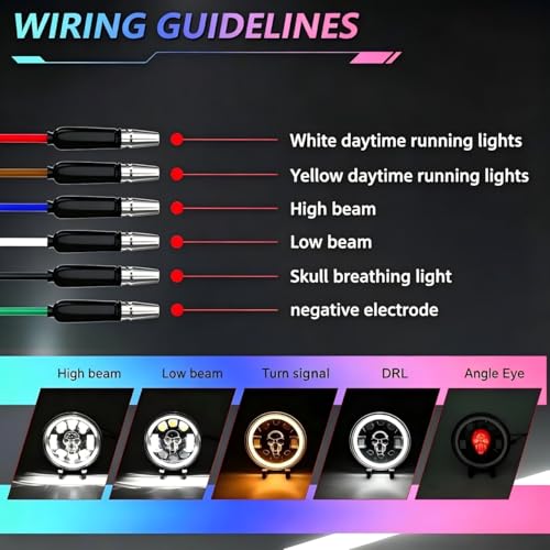 6.69 Inch Motorcycle LED Headlight with Mounting Brackets Assembly, Skull Pattern Round Headlamp with High/Low Beam Turn Signal DRL for Cafe Racer E-bike Bobber Chopper - size: 6.69'' skull headlight with housing brackets