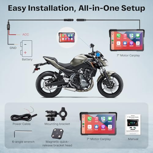 WonVon 7 Inch Wireless Motorcycle Carplay GPS Navigation System with Apple Carplay and Android Auto Portable Screen with Dual Bluetooth, Navigation, Siri, Google Assistant with Magnetic Mount - size: 7 Inch+Magnetic Mount