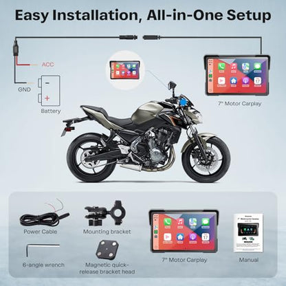 WonVon 7 Inch Wireless Motorcycle Carplay GPS Navigation System with Apple Carplay and Android Auto Portable Screen with Dual Bluetooth, Navigation, Siri, Google Assistant with Magnetic Mount - size: 7 Inch+Magnetic Mount