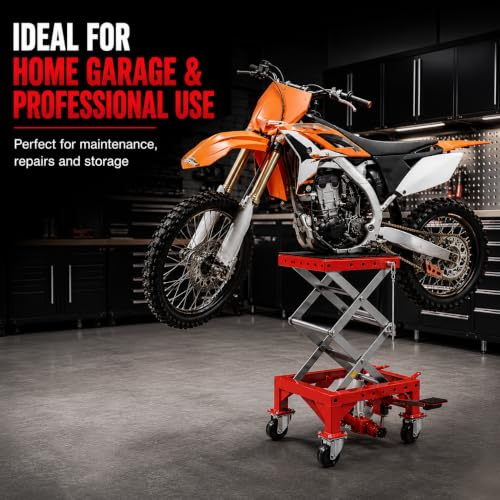 XtremepowerUS 300 lb Hydraulic Motorcycle Scissor Lift Jack, Foot Operated Mini Lift Table with Hand Crank, Motorcycle Dirt Bike ATV Lift Stand, Heavy Duty Maintenance Hoist, Red