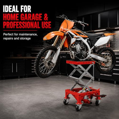 XtremepowerUS 300 lb Hydraulic Motorcycle Scissor Lift Jack, Foot Operated Mini Lift Table with Hand Crank, Motorcycle Dirt Bike ATV Lift Stand, Heavy Duty Maintenance Hoist, Red