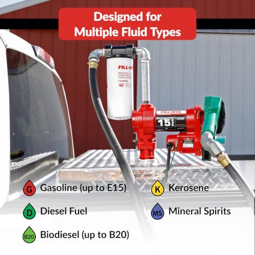 Fill-Rite FR1220HDSFQ 12V 15 GPM Fuel Transfer Pump with Premium Filter Package | Gasoline, Diesel, Kerosene, Ethanol Blends, Methanol Blends, & Biodiesel - style: Filter Package & Swivel