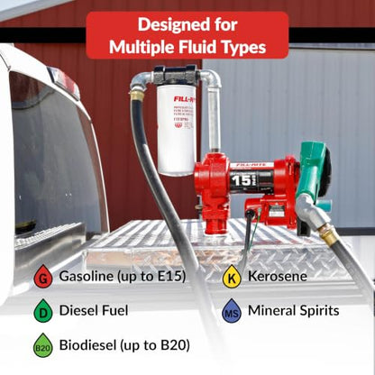 Fill-Rite FR1220HDSFQ 12V 15 GPM Fuel Transfer Pump with Premium Filter Package | Gasoline, Diesel, Kerosene, Ethanol Blends, Methanol Blends, & Biodiesel - style: Filter Package & Swivel