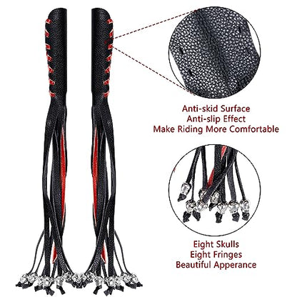 2 PCS Faux Leather Motorcycle Lever Covers With Fringes, Brake Clutch Grip Tassels, Handlebar Handle Grip Covers, Fringed Wraps With Skulls - color: Black & Red Laces*1 & Black Laces*1