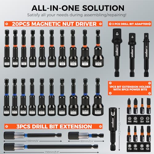 35 PCS Magnetic Nut Driver Set, Impact Drill Driver Bit 1/4" Hex Shank, SAE & Metric Cr-V Steel Nut Drivers with Quick-Release Extensions, Impact Socket Adapters, Bit Holder, 8PCS S2 Bits, Toolbox - style: 35-Piece Upgraded Version