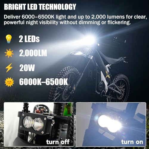 LED Headlight Upgrade Kit Applicable to Ridstar Q20 Q20 Lite Q20 Pro & Electric Bicycle, 20W 6000-6500K High Low Beam with Mount Bracket, 3 Pin Plug and Play