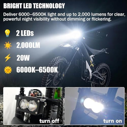 LED Headlight Upgrade Kit Applicable to Ridstar Q20 Q20 Lite Q20 Pro & Electric Bicycle, 20W 6000-6500K High Low Beam with Mount Bracket, 3 Pin Plug and Play