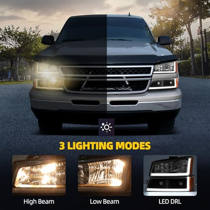DWVO LED DRL Headlight Assembly Compatible with 03-06 Silverado Black - color: B Black Housing Amber Reflector