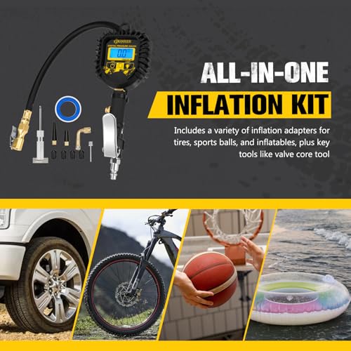 BUNKER INDUST Digital Tire Inflator with Pressure Gauge, Heavy Duty Air Chuck and Compressor Accessories with Built-in Top Light and Quick Connect Coupler, 0-250 PSI
