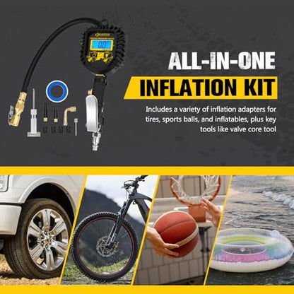 BUNKER INDUST Digital Tire Inflator with Pressure Gauge, Heavy Duty Air Chuck and Compressor Accessories with Built-in Top Light and Quick Connect Coupler, 0-250 PSI