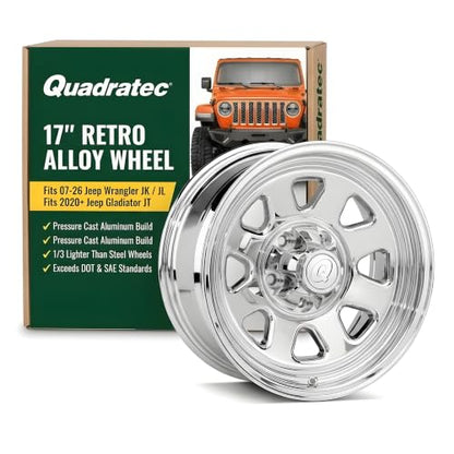 Quadratec CJ Retro 17x8.5 Aluminum Alloy Wheel - 5x5 Bolt Pattern - 5.2" Backspace - Fits Jeep Wrangler JK 2007-2018, JL 2018+ & Gladiator JT 2020+ - Classic Wagon Style (Chrome) - color: Chrome