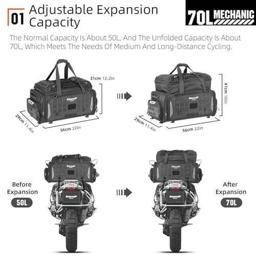 Rhinowalk Motorcycle Tail Bag Expandable Motorcycle Travel Luggage Waterproof 70L with MOLLE System Trunk Rack Bag with Sissy Bar Straps-Black - size: Black 50-70L