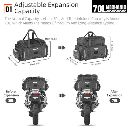 Rhinowalk Motorcycle Tail Bag Expandable Motorcycle Travel Luggage Waterproof 70L with MOLLE System Trunk Rack Bag with Sissy Bar Straps-Black - size: Black 50-70L