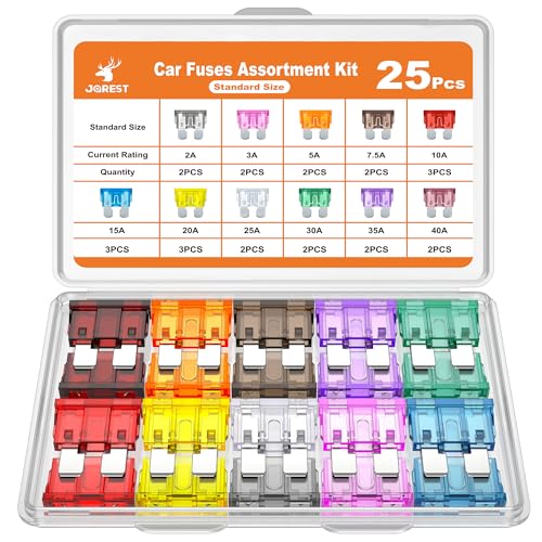 JOREST 25Pcs Standard Car Fuse Kit -Standard Blade Fuses Automotive - Replacement Fuses Assortment Kit for Car/RV/Truck/Motorcycle(2Amp 3A 5A 7.5A 10A 15A 20A 25A 30A 35A 40A) - style: 25pcs Standard
