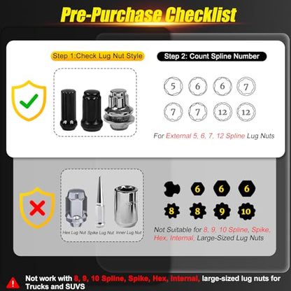 Topec 8Pcs Spline Lug Nut Socket Set | 5, 6, 7, 12 Spline Locking Lug Nut Key, Universal Wheel Lock Removal Kit, Wheel Lock key Set for Car, CR-MO Steel (Not for Hex, Deep, Large-Size, and 10-Spline) - size: 8 piece