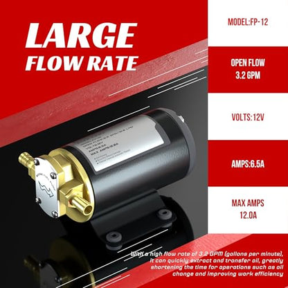 12V Oil Transfer Pump, 3.2GPM Gear Oil Pump, Lubricant Diesel Engine Scavenge Oil Extractor Pump, Portable Oil Suction Pump Self Priming for Marine Machinery Oil Change Pump